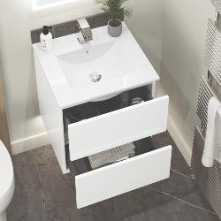 Newland 500mm Double Drawer Suspended Basin Unit With Ceramic Basin White Gloss