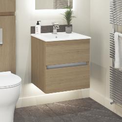 Newland 500mm Double Drawer Suspended Basin Unit With Ceramic Basin Natural Oak